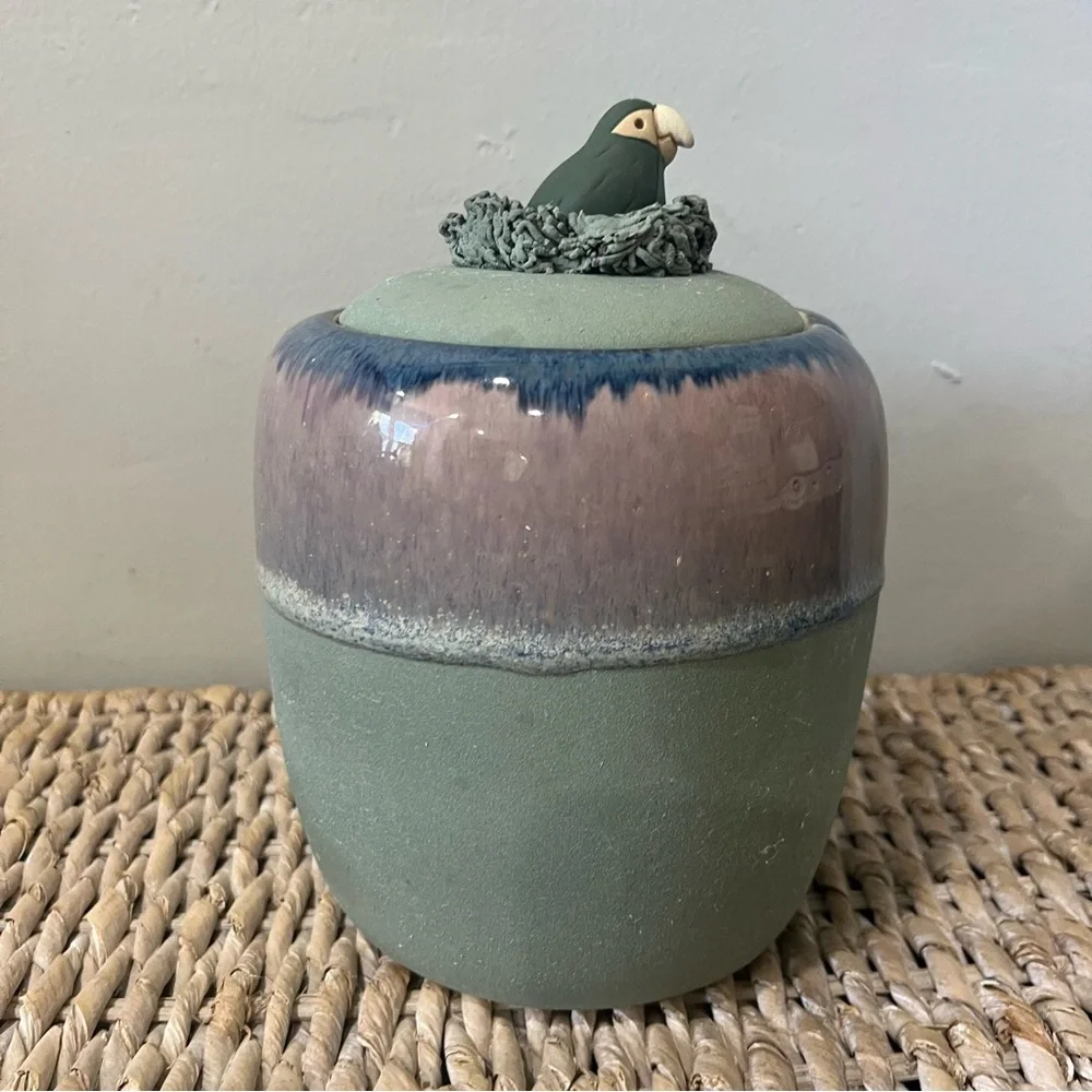 Mexican Pottery Garlic Keeper Container With Lid Tropical Bird In Nest 2 pcs‎ 7”